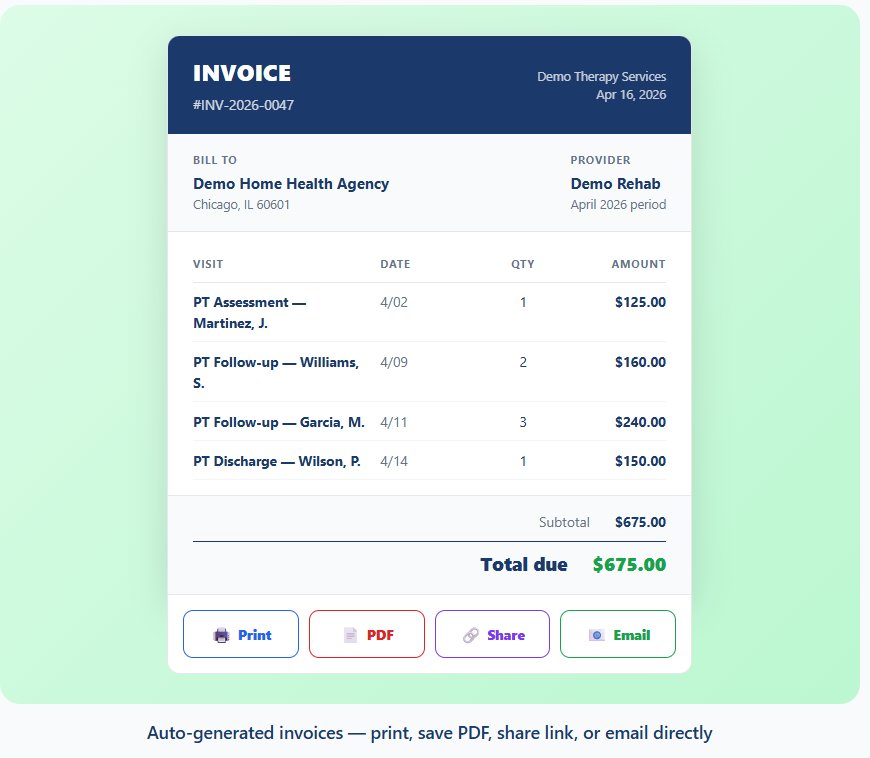 Auto-generated invoices — print, save PDF, share link, or email directly